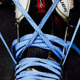 Close-up of a skate with blue laces against a dark background